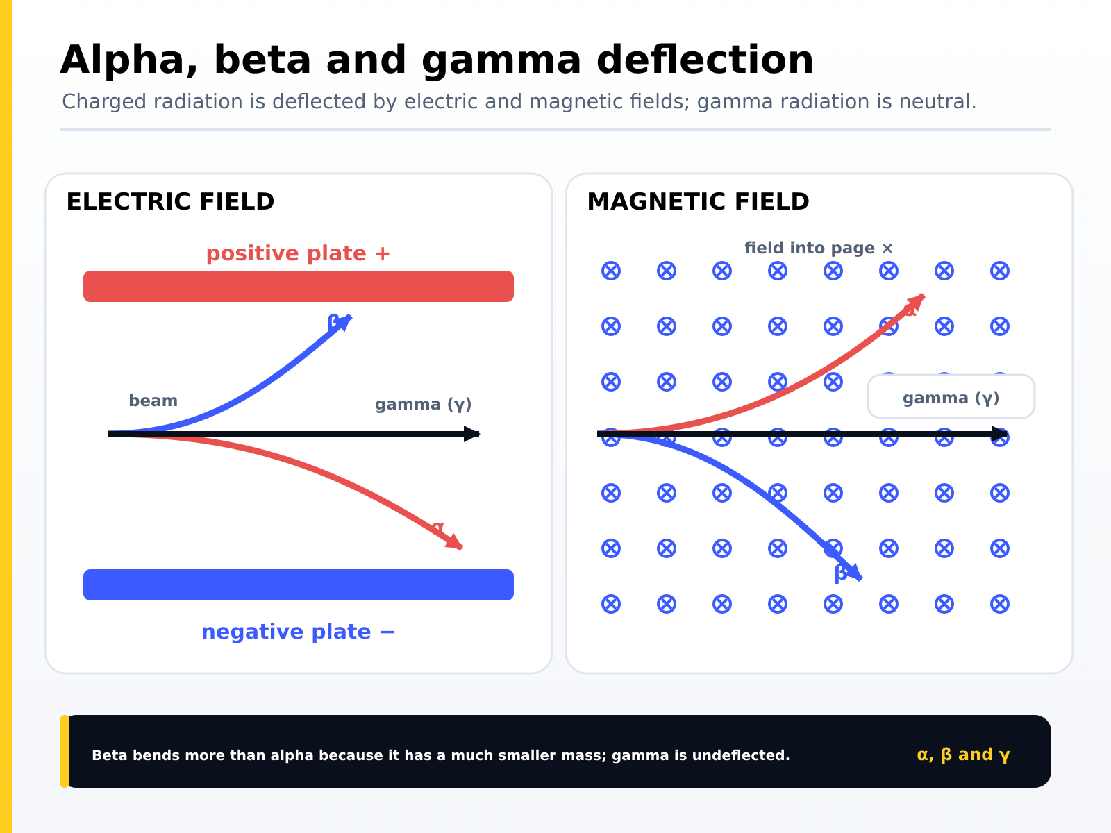 Deflection of alpha, beta and gamma radiation in electric and magnetic fields: beta bends more than alpha because of its much smaller mass, while gamma is undeflected