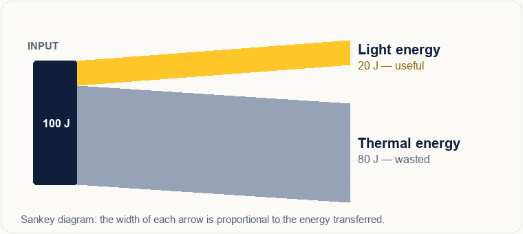 Sankey diagram: 100 J of electrical energy input to a filament lamp, transferred into 20 J of useful light energy and 80 J of wasted thermal energy